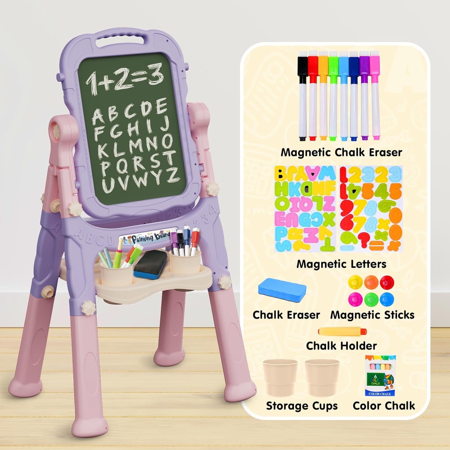 AuntyFey Art Easel for Kids, Adjustable Double-Sided with Chalk Board & Magnetic Whiteboard for Toddlers, Pink&Purple