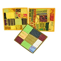 Mogul Yellow Pillows Covers Sari Embroidered Vintage Cushion Cover 16 X 16 Set oF 3 Pcs