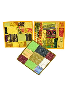 Mogul Yellow Pillows Covers Sari Embroidered Vintage Cushion Cover 16 X 16 Set oF 3 Pcs