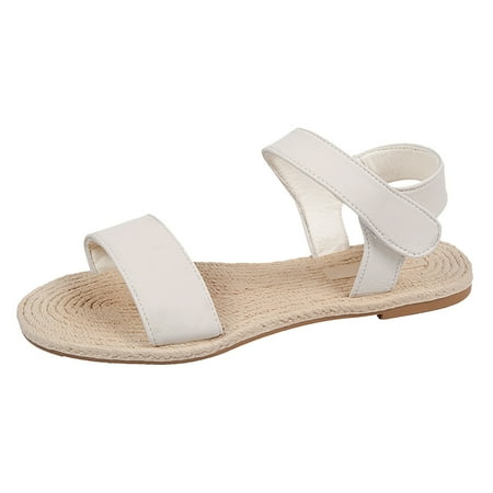 

ZHAGHMIN Solid Color Sandals Womens Pu Leather Flat Round Toe Slippers Straw Bottom Comfortable Open Toe Casual Hook&Loop Sandals Simple White Size9
