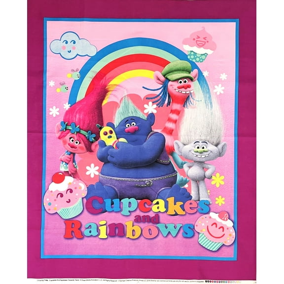 1 Panel - Trolls Cupcakes & Rainbows Cotton Fabric Panel - Poppy Cooper & Biggie (Great for Quilting, Sewing, Craft Projects, Wall Hangings, and More) 36" X 44"