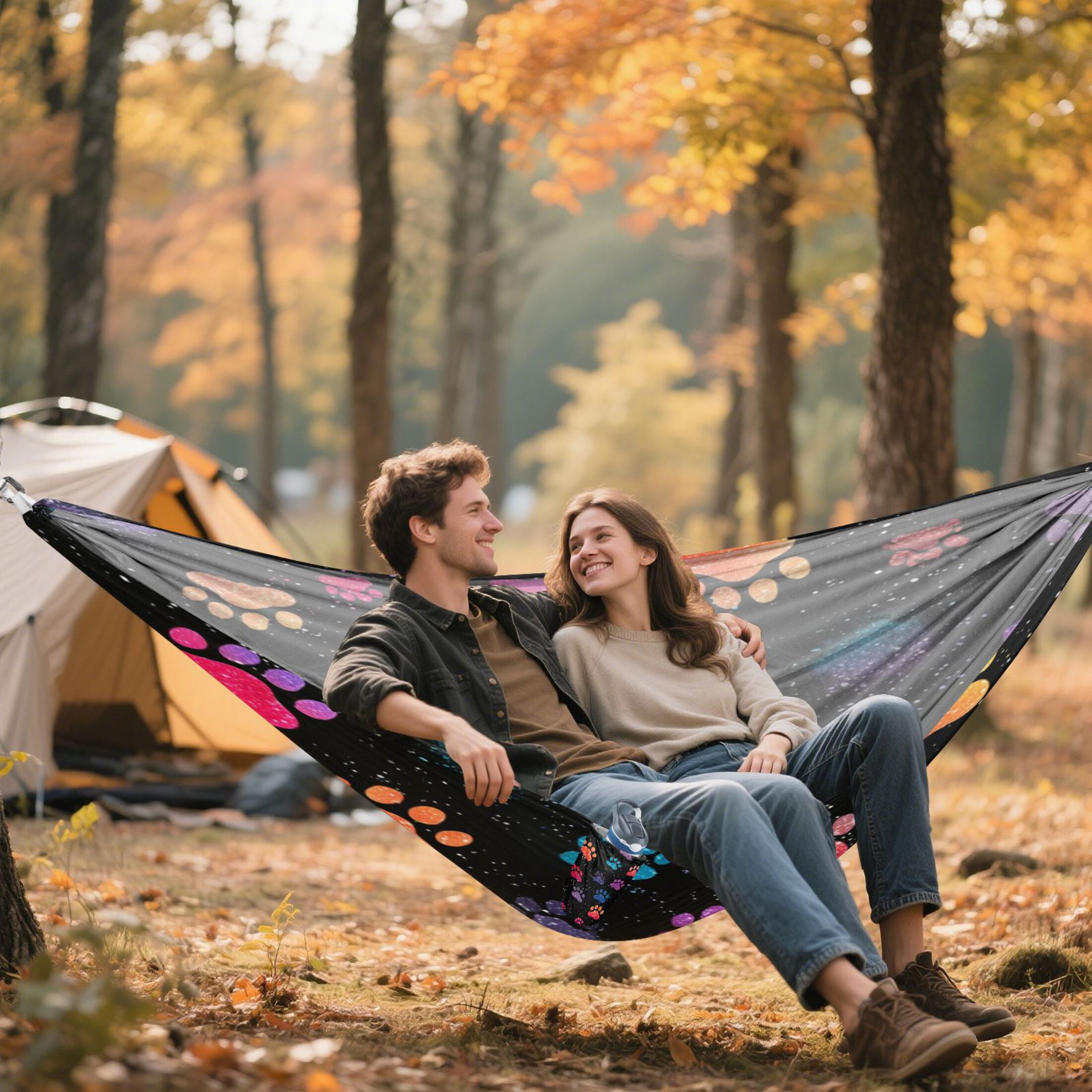Hanging Hammock Portable Travel Camping For Outdooor Beach Camping Hiking Colorful Paw Print Pattern with A Galaxy Design