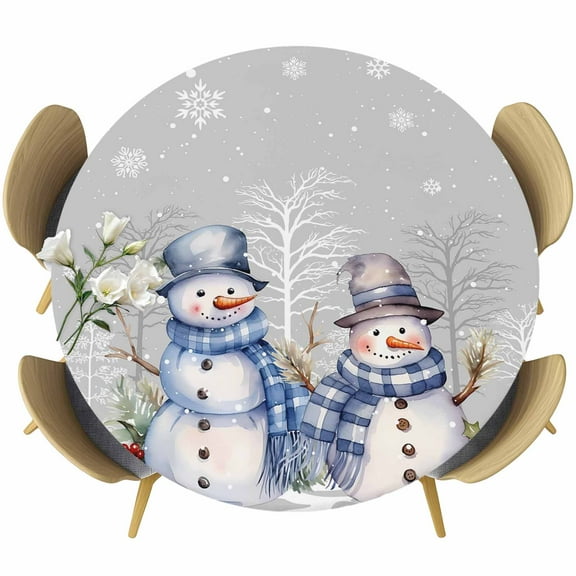 Xmas Grey Snowman Christmas Table Cloth, Round Fitted Tablecloths with Elastic Edge, Snowflake Winter Tree Wipeable Waterproof Table Cover for Kitchen Wedding 55-60 Inches