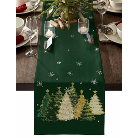 Green Christmas Tree Dresser Scarf Farmhouse, Dining Table Decorations for Wedding/Parties, Xmas Tree Winter Snowflake Table Runner 108 Inches Long for Kitchen Dining, 13 x 108 In