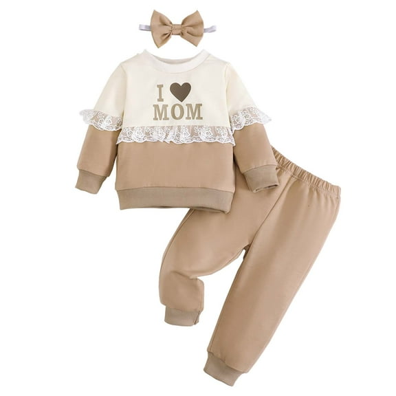 KIMI BEAR Newborn Baby Girls Outfit Sets 6-9 Months Winter Clothes Long Sleeves Letter Print Sweatshirt Top Color Block Lace Pullover Tops Pants Set with Headband 3pcs Apricot
