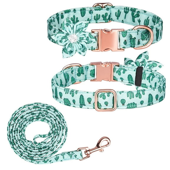 Dog collar and leash adjustable strong gold buckle collar with beautiful bow tie and floral trim