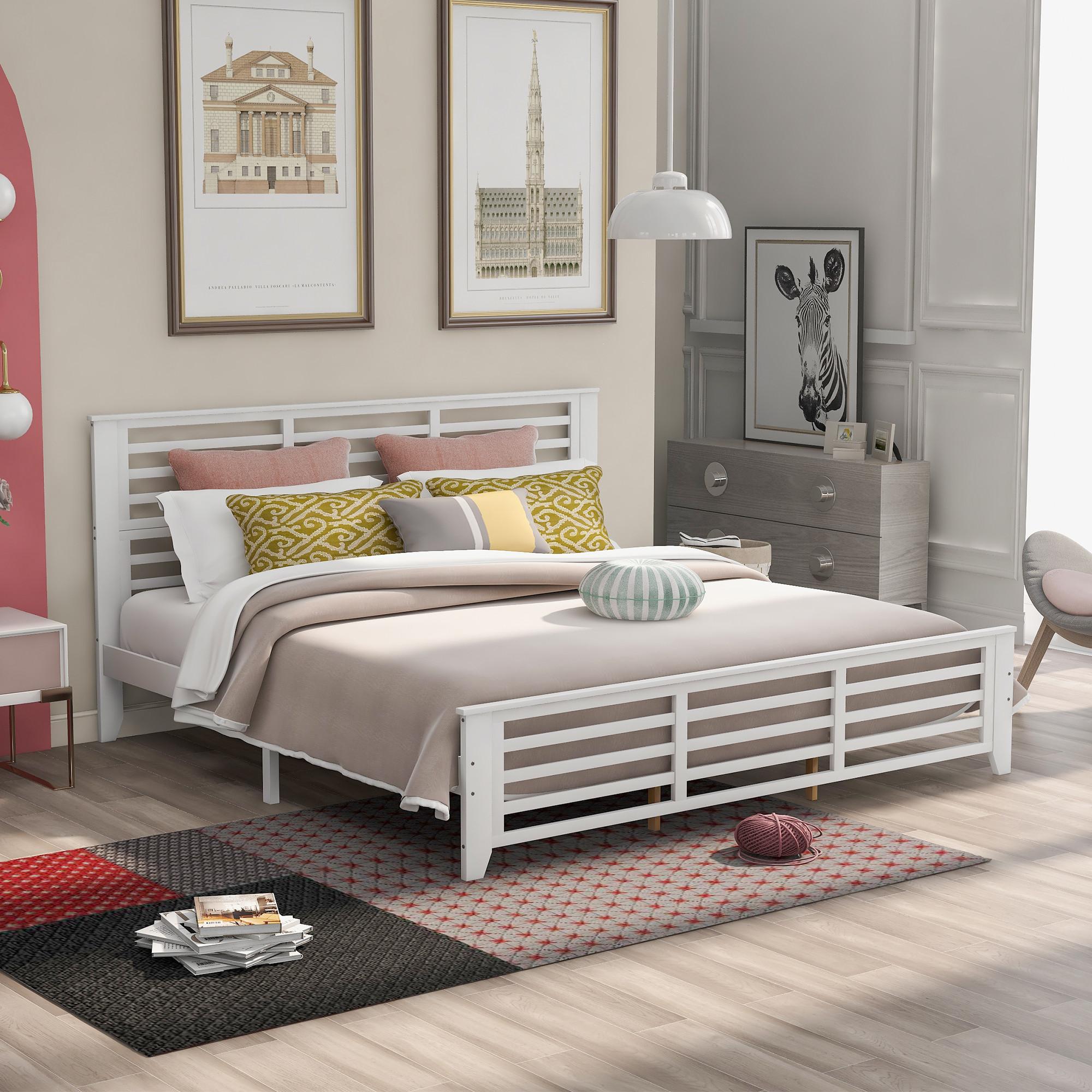 King Size Wood Platform Bed Frame with Headboard and Footboard, Solid Wood Foundation with Slat Support, White 79.9x80.7x41.3inch - image 2 of 7
