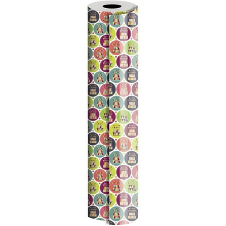 JAM Paper Industrial Size Bulk Wrapping Paper Rolls, Happy Birthday Cake & Candles Design, 1/4 Ream (416 Sq Ft), Sold Individually