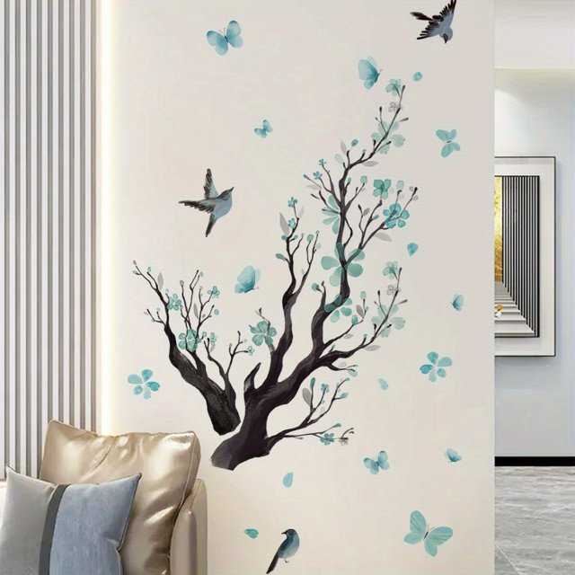 1pc Decalmile Watercolor Blue Flower Wall Decal, Blossom, Bird, Tree ,Branch, Wall, Stickers, For Living Room Sofa TV Background Wall Decor, 11.8in*23.6in