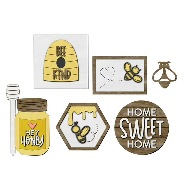 Jlong Set of 12 Bee Wooden Sign Tiered Tray Decor , Bumble Bee Wood Block  Spring Summer Farmhouse Bee Home Kitchen Decor Self-Standing Display for