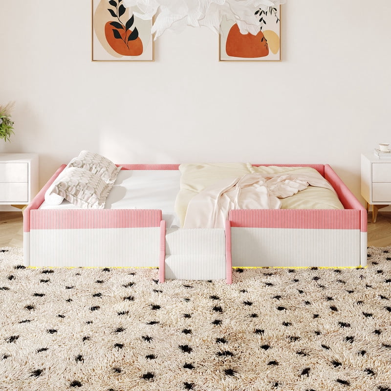 Full Size Corduroy Upholstered Floor Bed Frame with Fence, Kids Low-Profile Platform Bed with 2-Tier Steps & Smart LED Lights