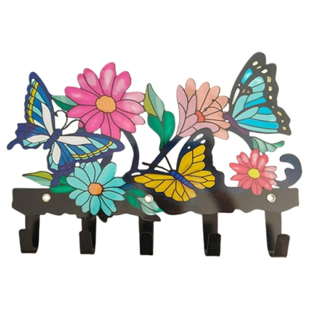 Gancho para llaves con flores de mariposa y 5 ganchos para montaje en pared, decoración de pared, accesorio para el hogar, moderno llavero para pasill