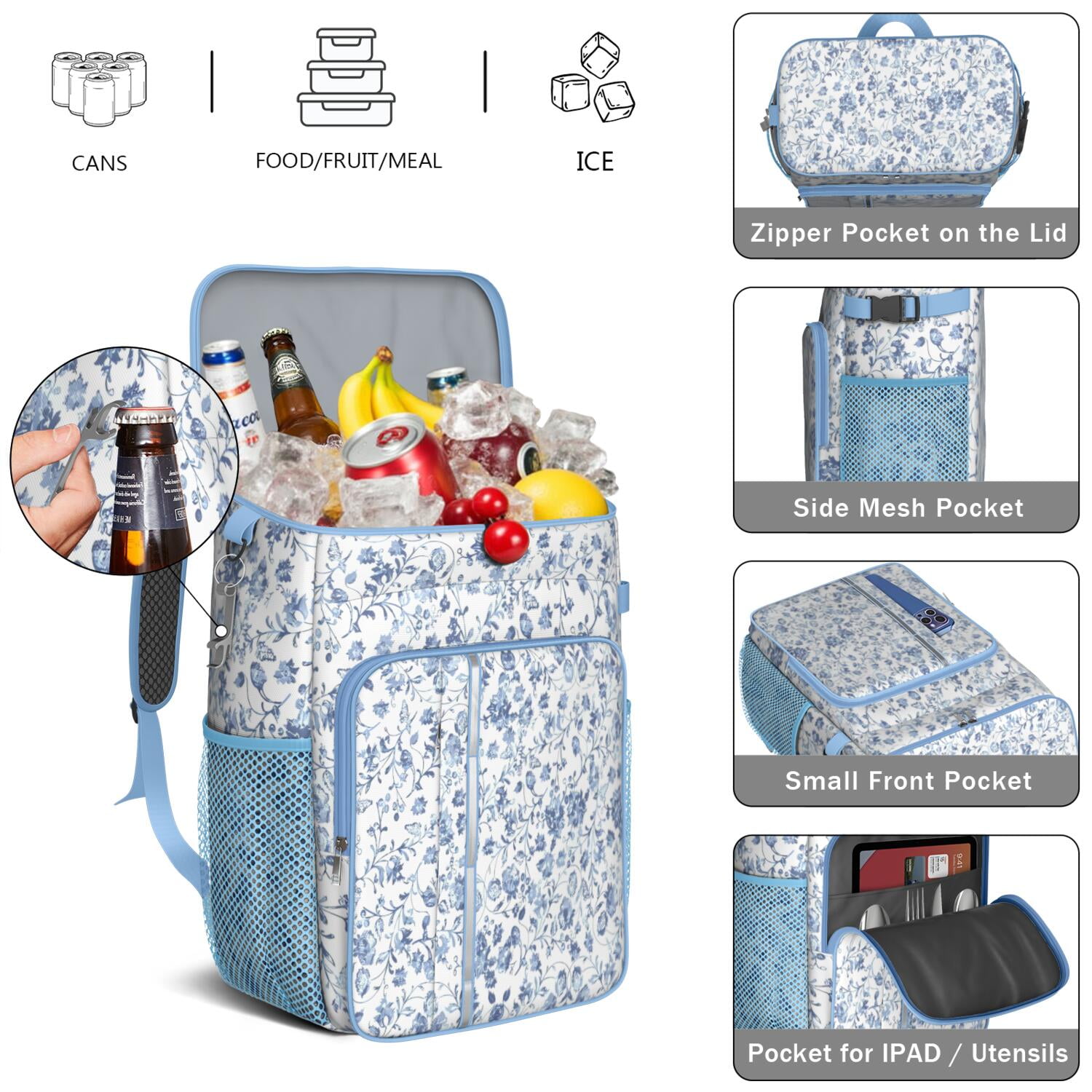 Travel Cooler Bag - Pioneer Flower Floral Print Pattern Camping Beer Cooler Backpack with Bottle Opener- Waterproof Insulated Picnic Backpacks - Cooler Bag for Beach