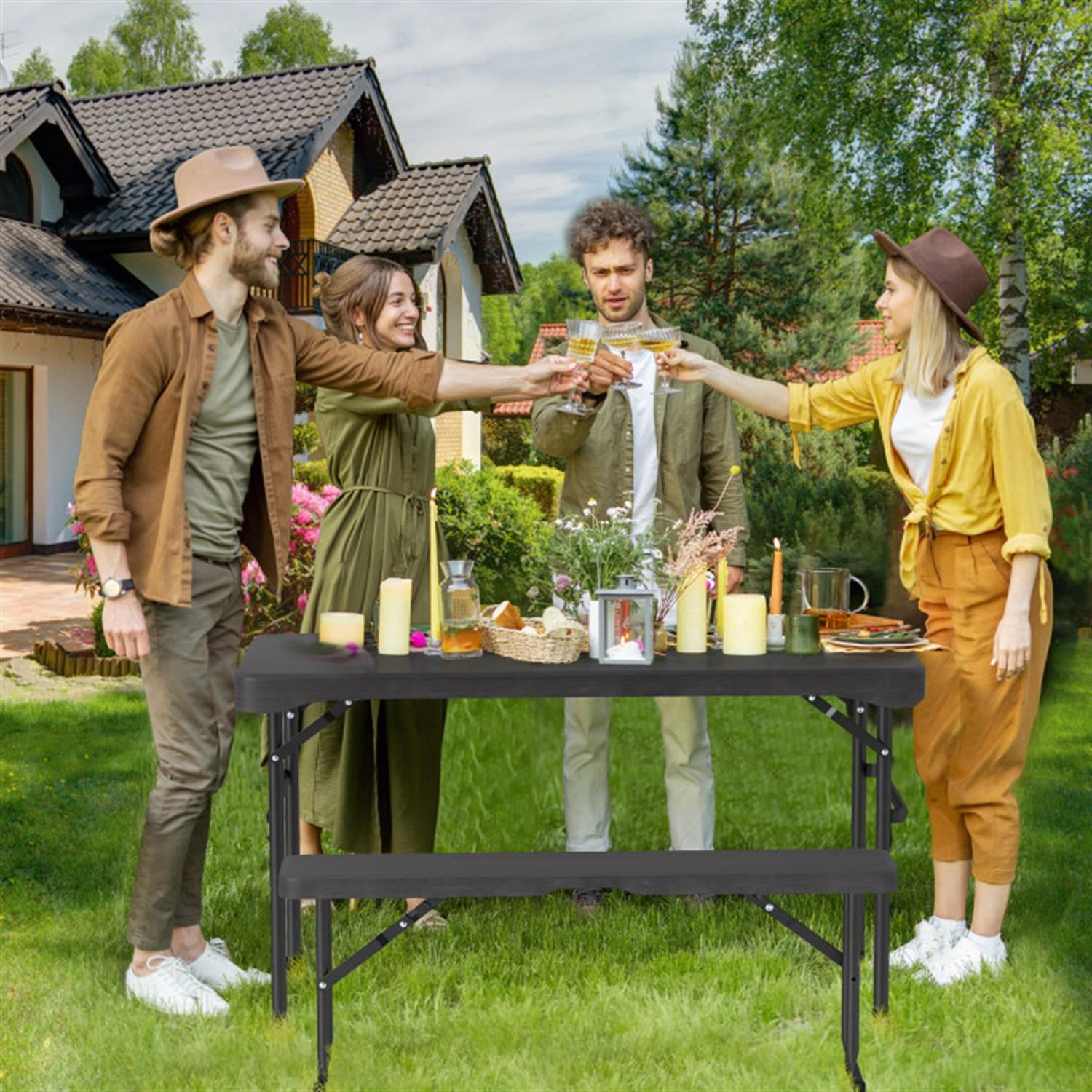 Demi Bonn Outdoor Folding Table Bench Set with All-Weather HDPE Tabletop and Sturdy Metal Frame for Parties Wedding BBQ Camping, Black