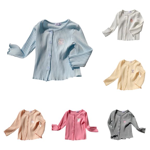 CUZIBR Girls Tops Crewneck Cartoon Pattern Knitted Cardigan Long Sleeve Autumn Sweater Coat Cute Toddler Soft Comfortable Tees Dailywear,Blue,7-8 Years