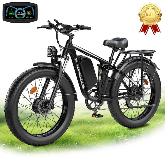 FENGQS 5000W Dual Motor Electric Bike for Adults,45MPH 100 Miles 52V 1196Wh Ebike,26" x 4" Fat Tire Full Suspension Hydraulic Brakes 7-Speed Commuter&Mountain E-Bicycle-(Black)-UL2849