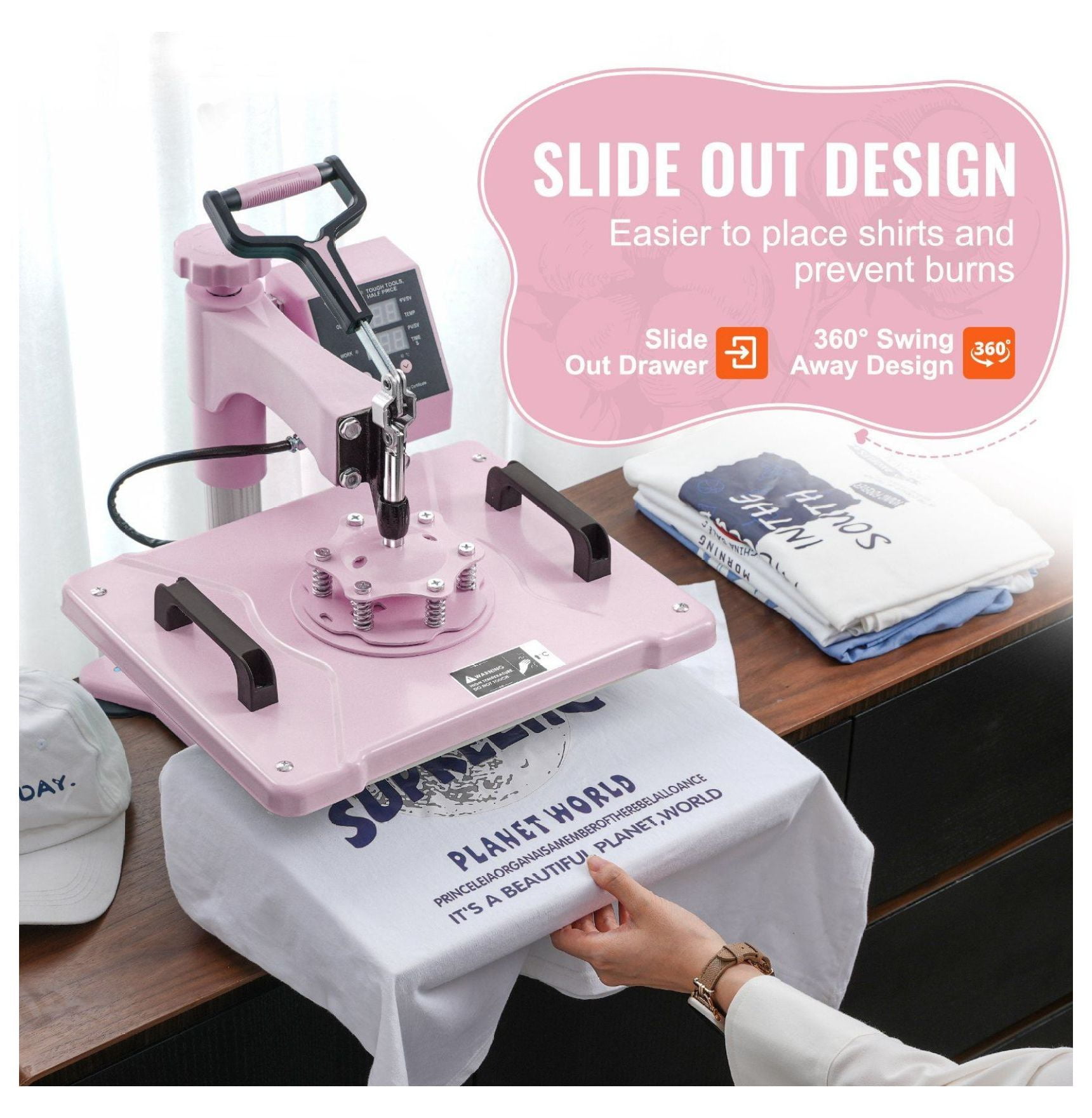 Heat Press Machine 12x15", 8 in 1 with Tumbler Press - T-Shirts, Mugs, Hats - Pink