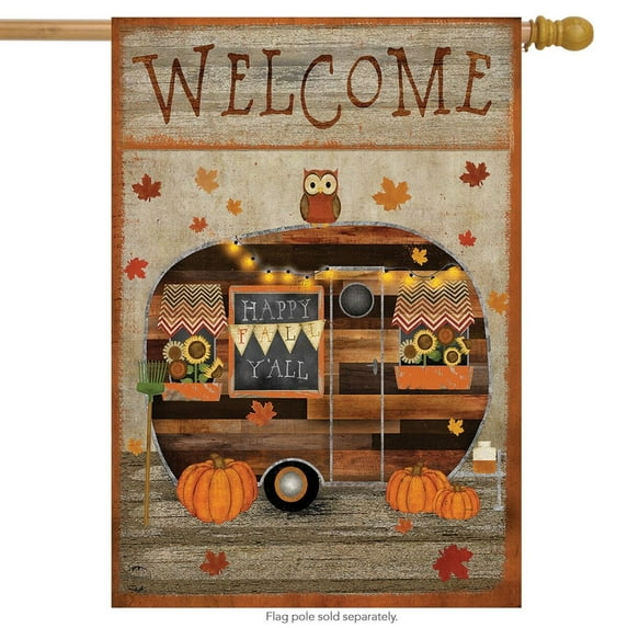 Fall Camper Welcome House Flag Primitive Owl Pumpkins 28" x 40" Briarwood Lane