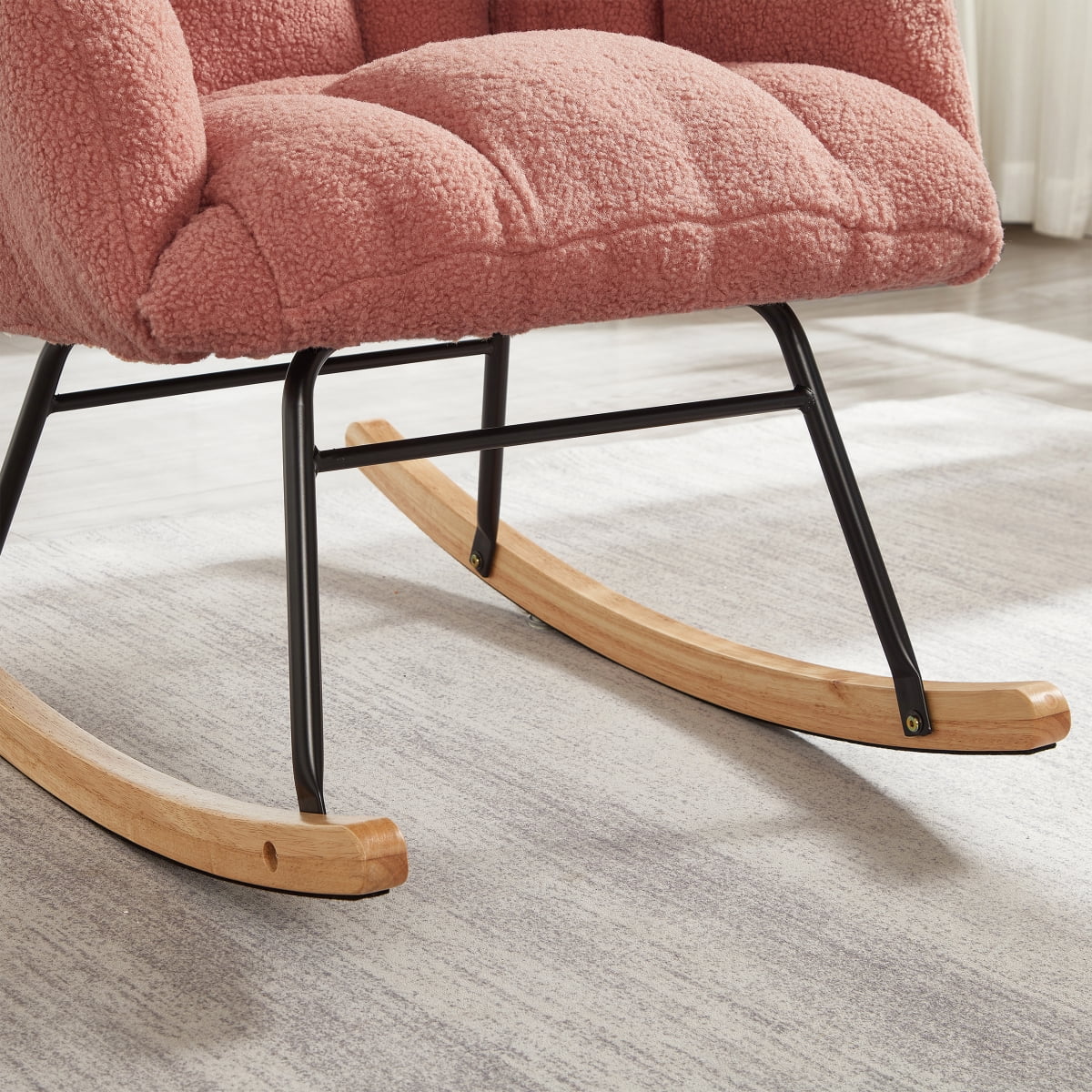 Glider Rocking Chair for Living Room, Tufted Upholstered Accent Chair with Teddy Fabric and Metal Frame, High Back Armchair for Nursery, Bedroom, or Reading Corner