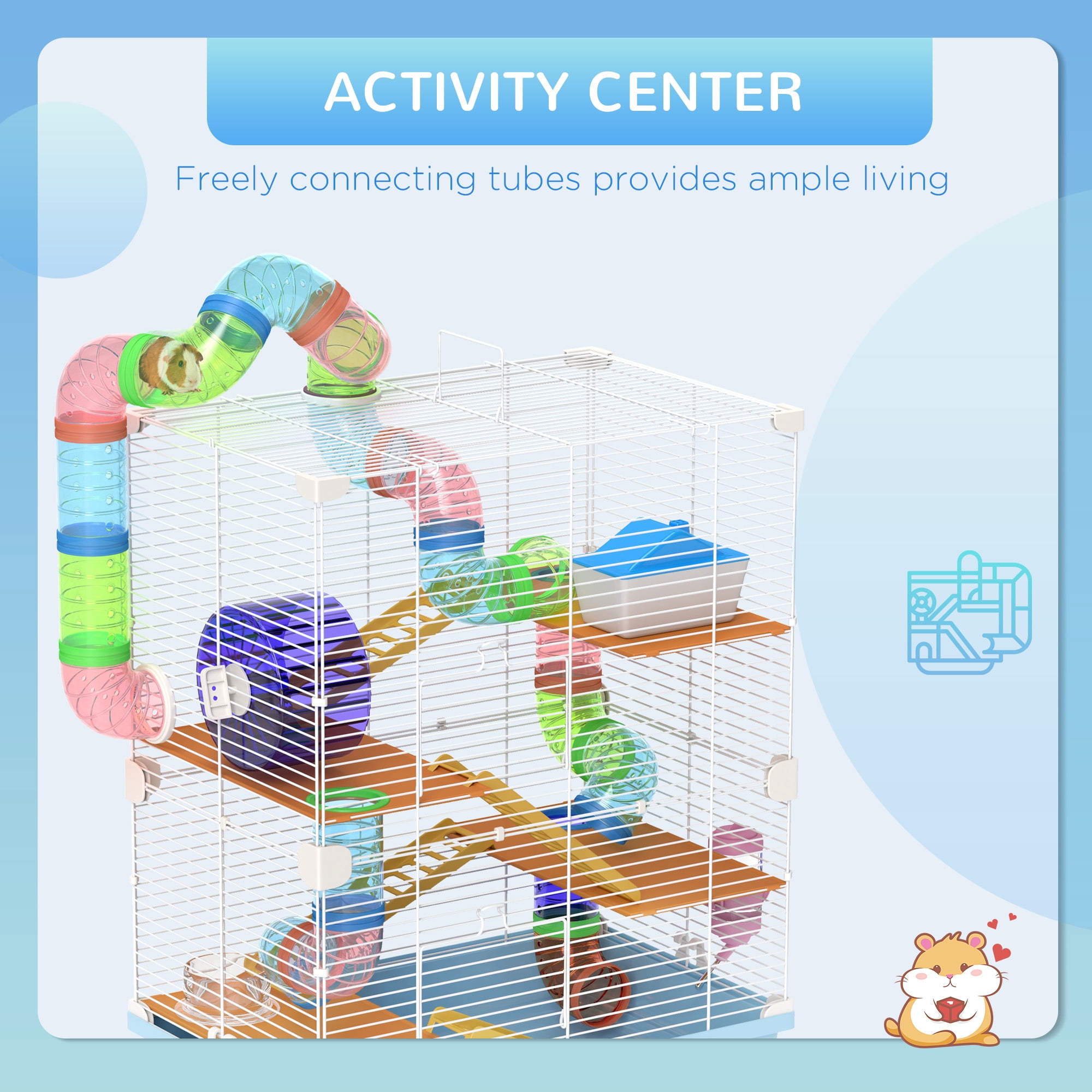 PawHut 18" 5-Tier Hamster Cage with Wheel and Water Bottle, Light Blue