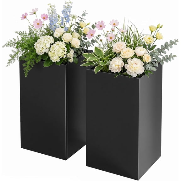 BAOTREE Tall Square Metal Planter Box 15"L x 15"W x 30"H (2PCS), Heavy Duty Outdoor Planter with Removable Shelf, All-Weather Steel Garden Planters for Patio, Porch, Balcony, Yard