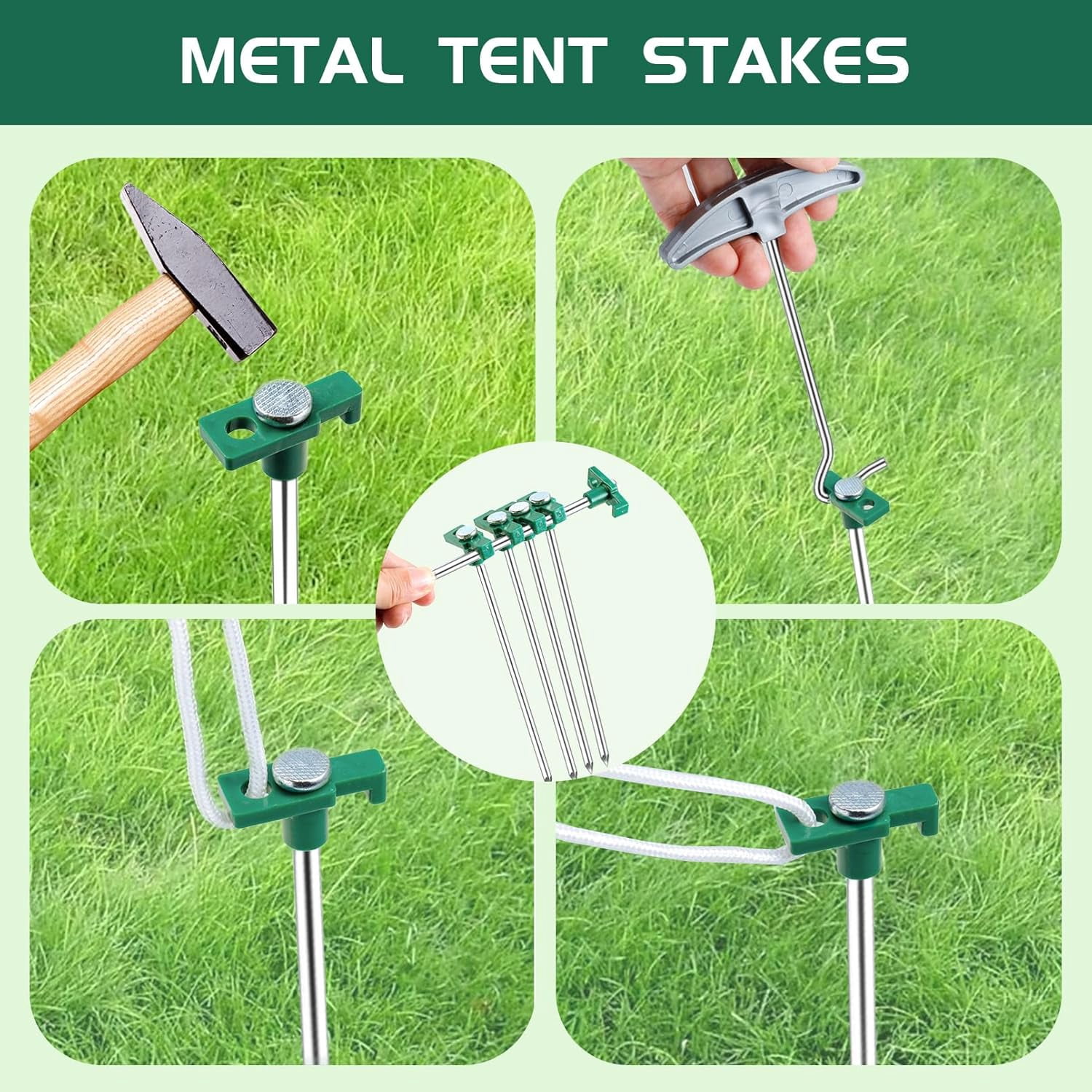 24 Pack Tent Stakes Heavy Duty, 9.8 Inch Camping Stakes, Non-Rust Metal Tent Pegs with 12 Pcs Rope and Storage Bags, Ground Stakes Tent Spikes for Camping Garden Outdoor Travel (Green)
