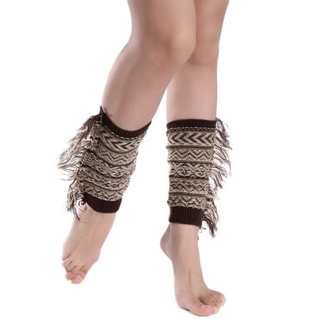 

Ziizwfa Women Bohemian Boot Cuffs Toppers Side Fringed Tassels Crochet Knit Short Socks Leg Warmers Geometric Striped Pattern Calf Hosiery