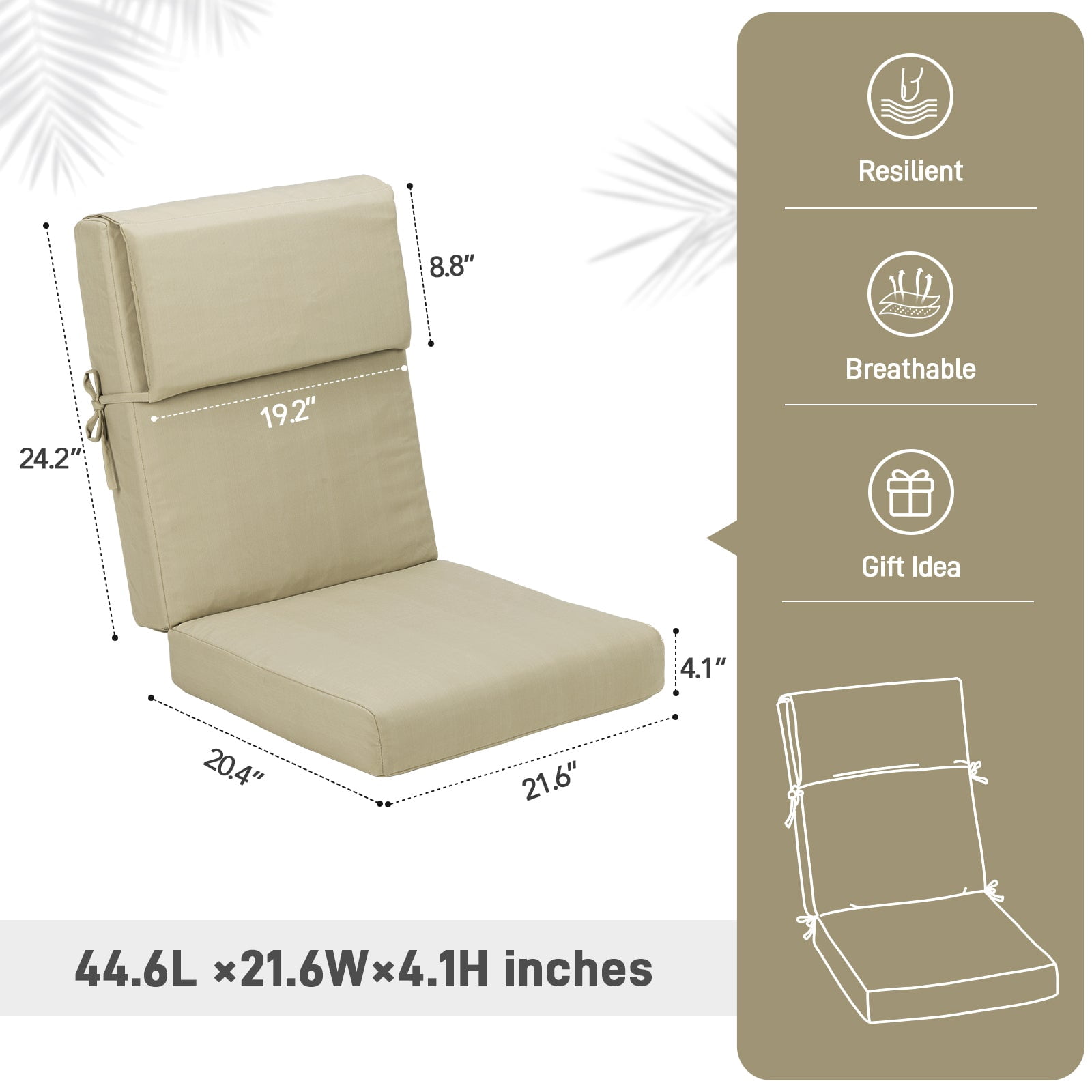 Aoodor Outdoor Chair Cushions 45 x 22 x 4 Inch Patio Furniture Seat Cushion - Brown