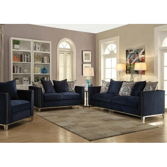 Navy Blue Fabric Living Room Furniture Sofa Set 2pc Contemporary Metal Frame Base