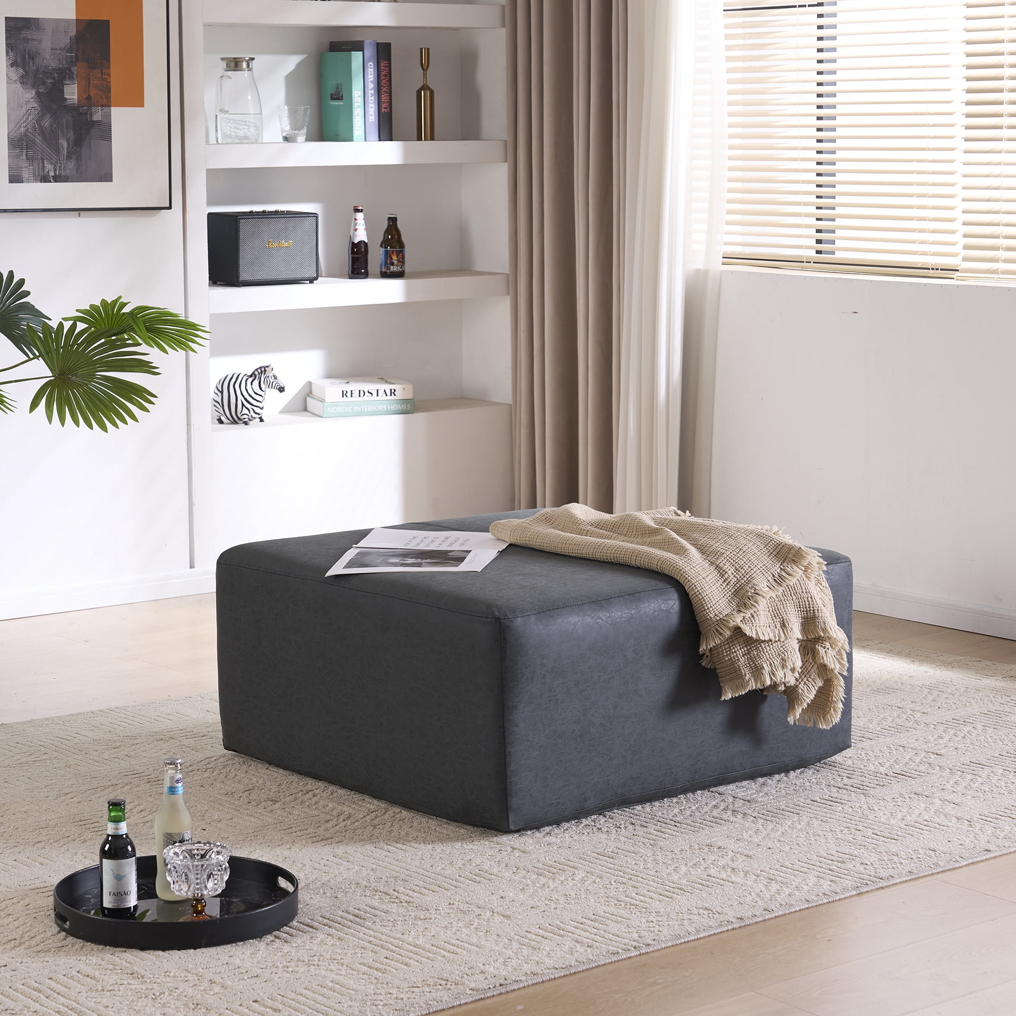 35" Wide Oversized Square Ottoman Coffee Table, Faux Leather Couch Ottoman Large Footstool for Living Room