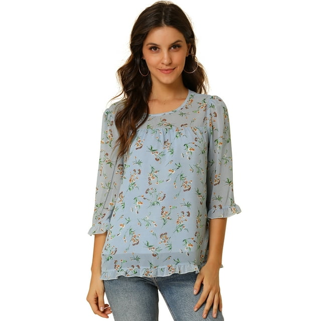 BluCasual De GaCon Estampado Floral De Man3/4 Con Volantes PaMujer Azul claro M