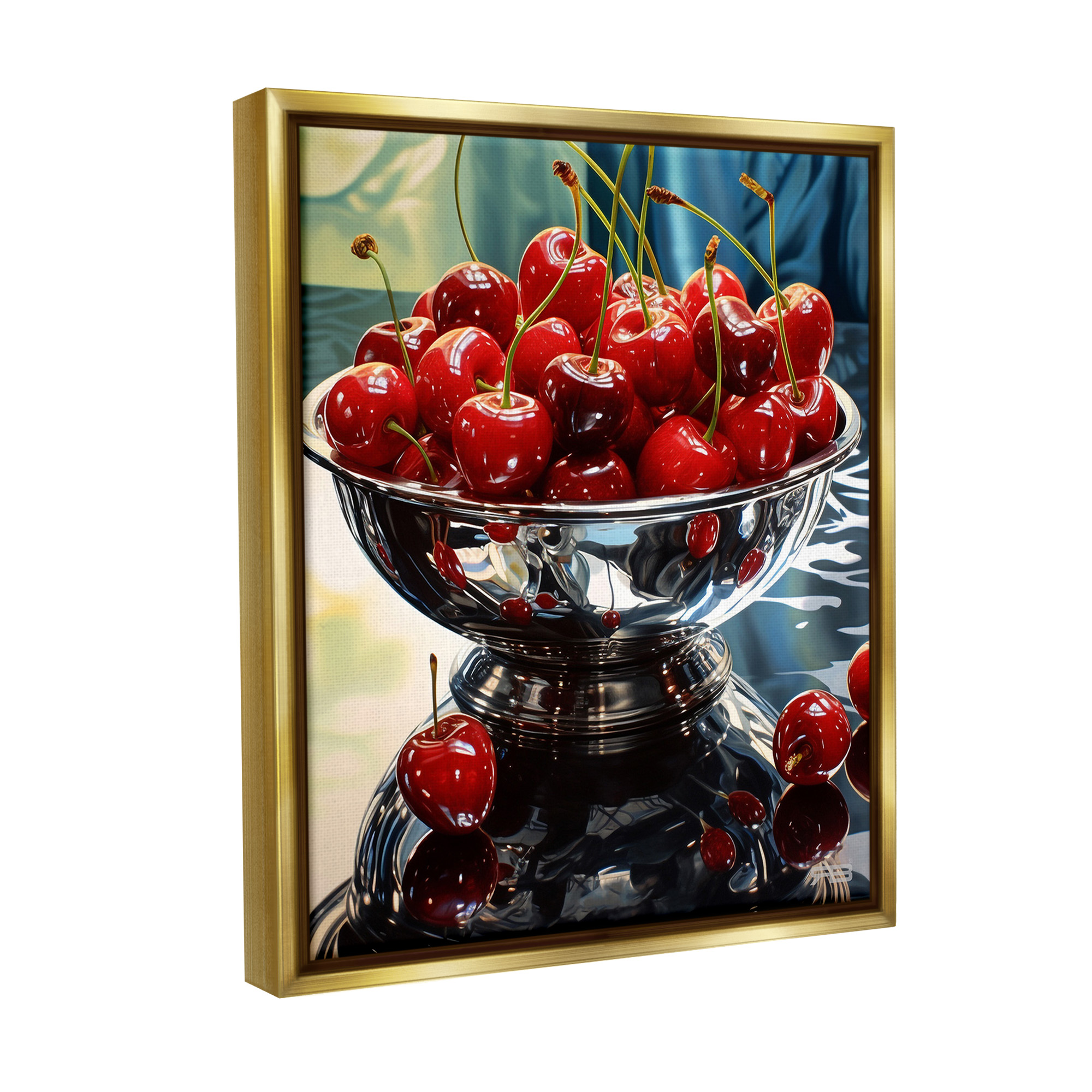 Stupell Industries Bowl of Cherries Reflection Food & Beverage Painting Gold Floater Framed Canvas Art Print Wall Art, 17 x 21