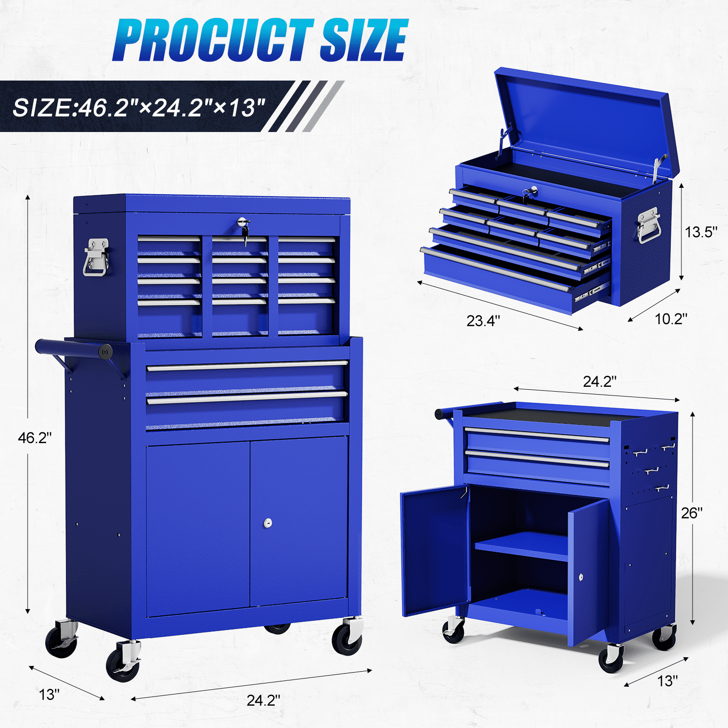ZBOM 24.2 inch 10-Drawer Rolling Tool Chest, Sliding Metal Drawer Rolling Tool Storage Cabinet, Removable Toolbox Organizer for Workshop, Garage