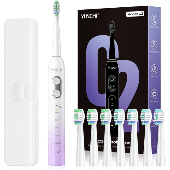 YUNCHI C2 Electric Toothbrush for Adults, USB-C Rechargeable Sonic Toothbrush with 5 Modes and 2 Minutes Timer, Soft Bristles 8 Brush Heads and Travel Case, Purple White Gradient