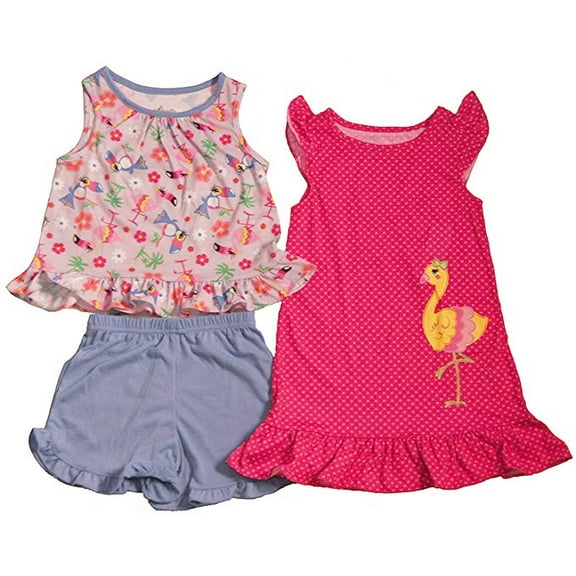 Toddler Girl's 3-Piece Tropical Flamingo Shorts Set and Nightgown, Size 4T