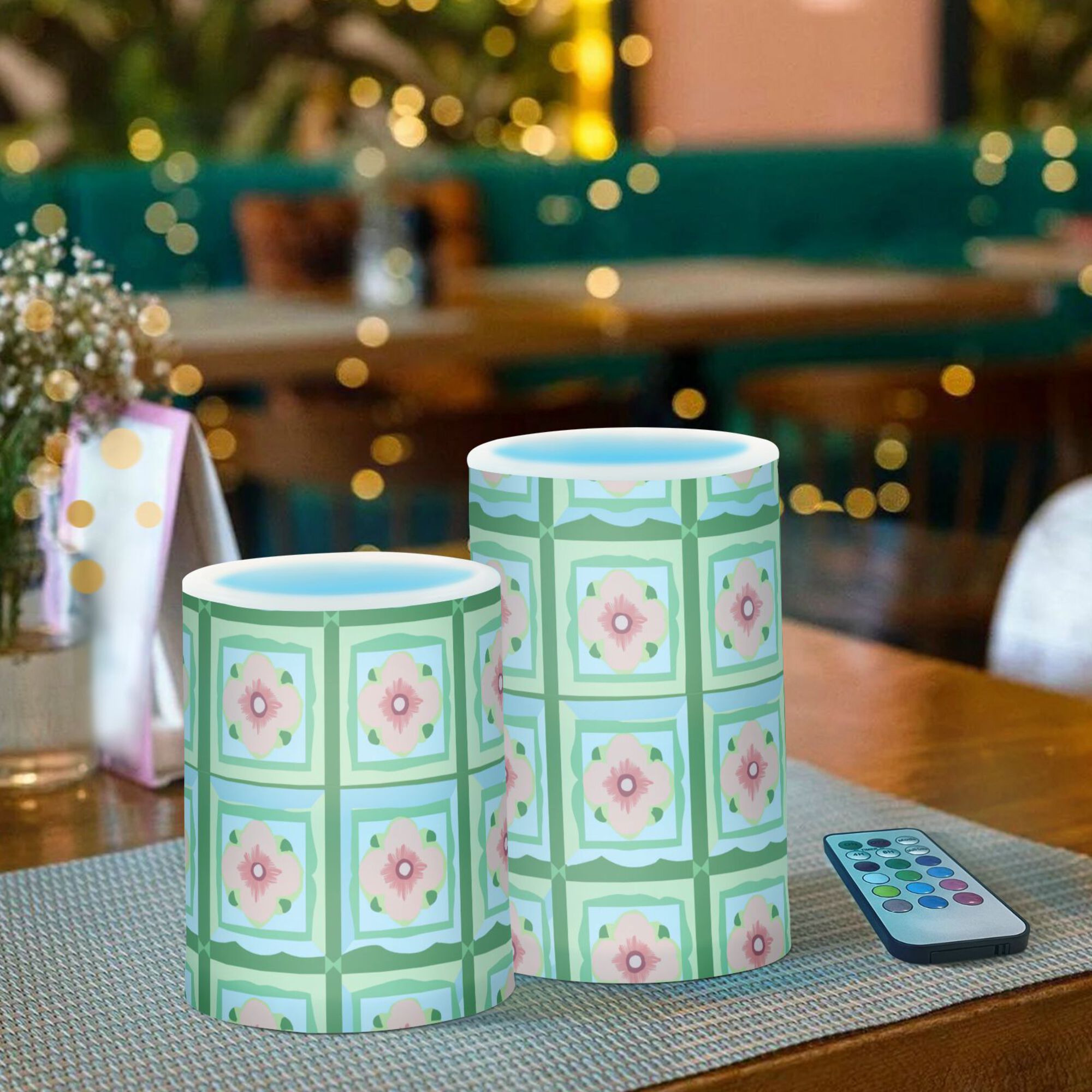 Yayeee Flameless Candles with Remote Flickering Battery Operated Multi Color Changing, Green Blossom Mosaic