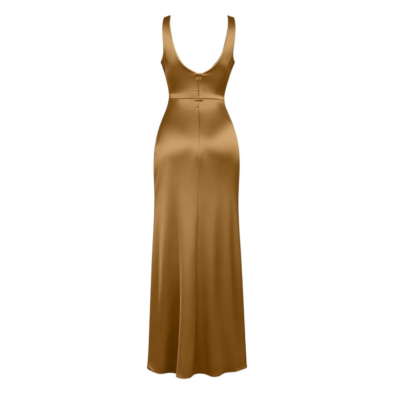 aohooy Satin Prom Dress for Women Long Mermaid Evening Gown Sleeveless Ruched Bodycon Dress High Slit Formal Cocktail Maxi Dress Gold,XL