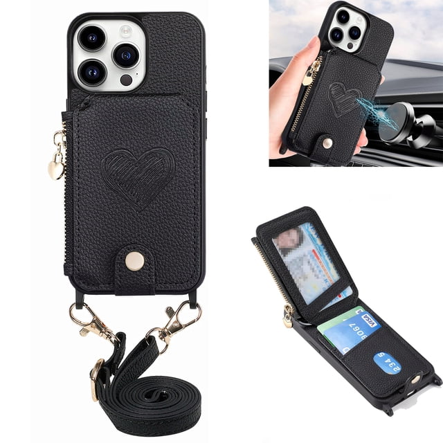 Crossbody Wallet Case for iPhone 12 Pro Max with Card Holder, Zipper Card Slot Shockproof Purse Cover with Removable Lanyard 6.7 Inch,Green