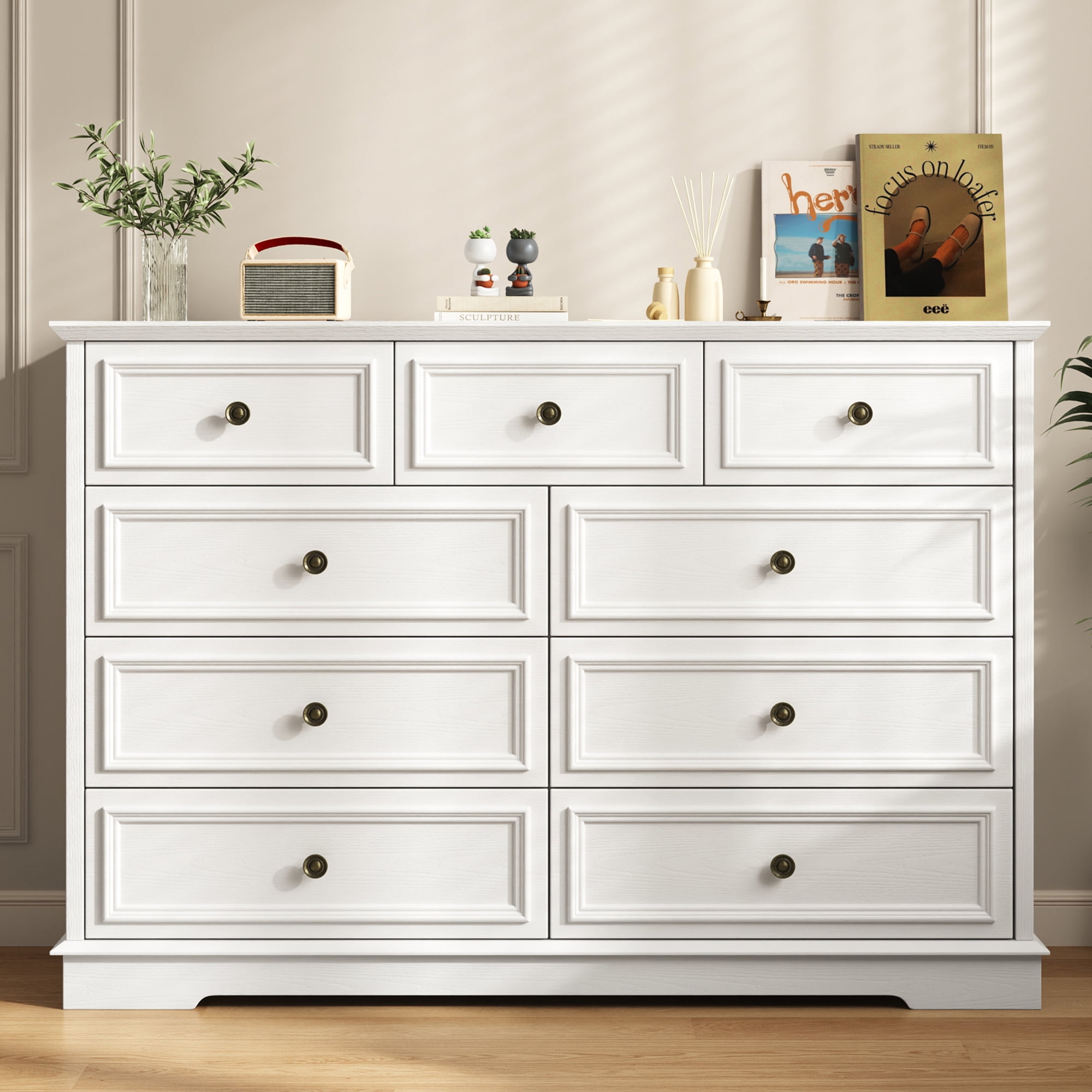 IDEALSOUL White Dresser, 9 Drawer Dresser with Round Metal Handle, 47.2" Retro Wood Storage Cabinet with 6 large drawer and 2 Small drawer for Living Room, Bedroom, Hallway