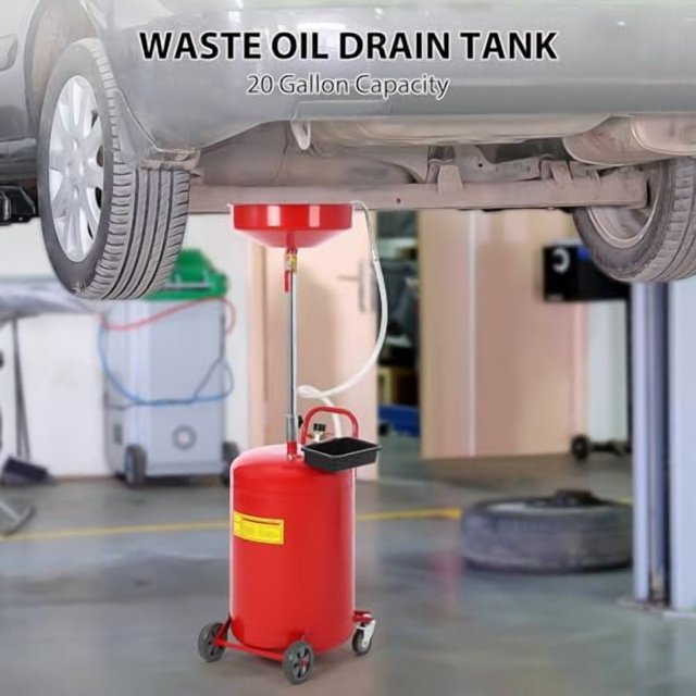 20 Gallon Oil Drain Tank, Fluid Fuel Transfer Tank, Portable Oil Drain Container, Air Operated Drainer with Wheels and a Toolbox, Adjustable Funnel Height
