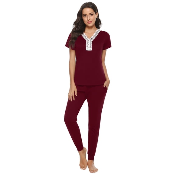 Purcoar Women's Short Sleeve Pajamas Set Lace Stitching Top + Trousers Suit
