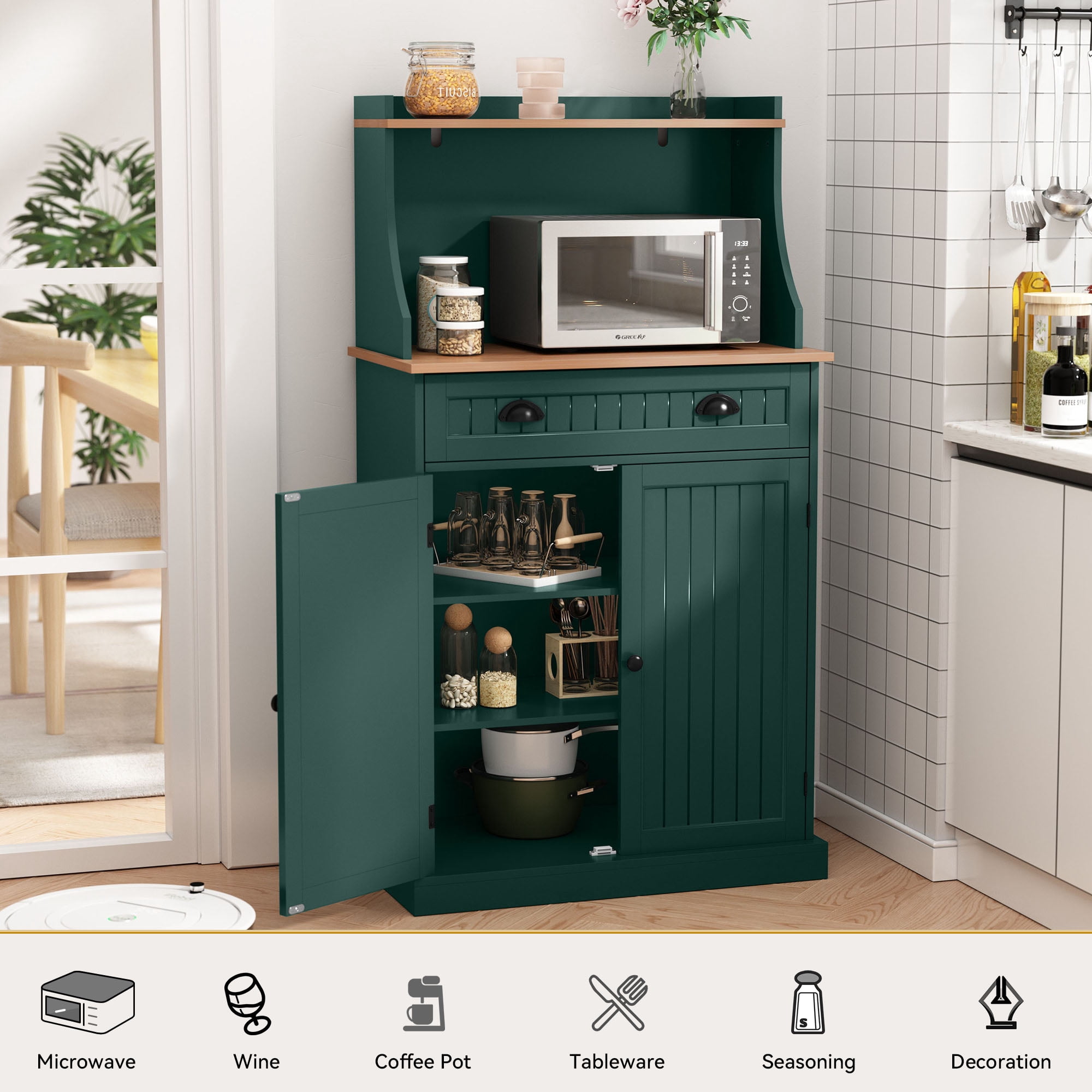 CBJCBJ 54" Kitchen Pantry Cabinet with Door & Shelves, Sideboard Buffet Cabinet with Microwave Stand for Dining Room,Green