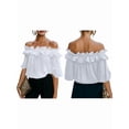 thumbnail image 3 of Women's Off Shoulder Ruffle Trendy Short Sleeve Blouse Casual Outfits Layered Tops White XXL, 3 of 6