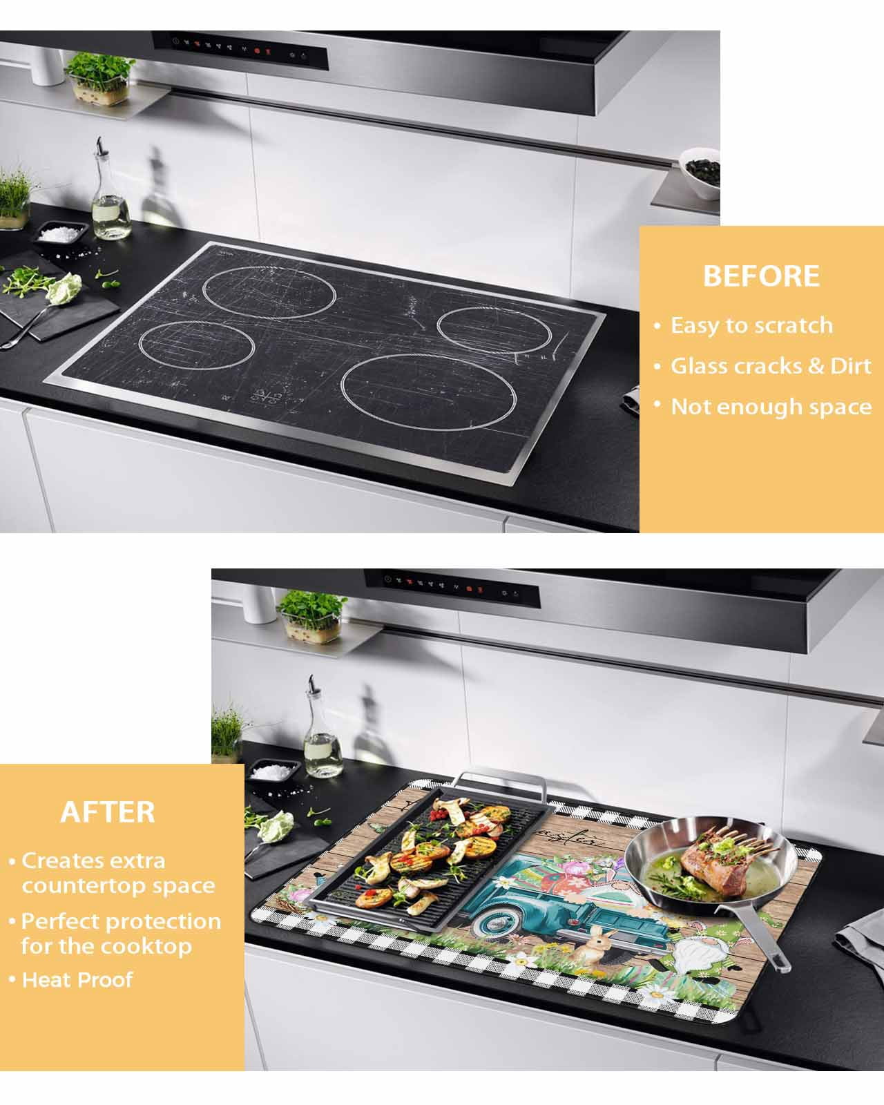 Large Induction Cooktop Protector Mat Easter Stove Top Covers for Electric Stove, Plaid Truck Eggs Bunny Floral Gnomes Wooden Decorative Stove Burner Cover Mats, Glass Top Stove Cover