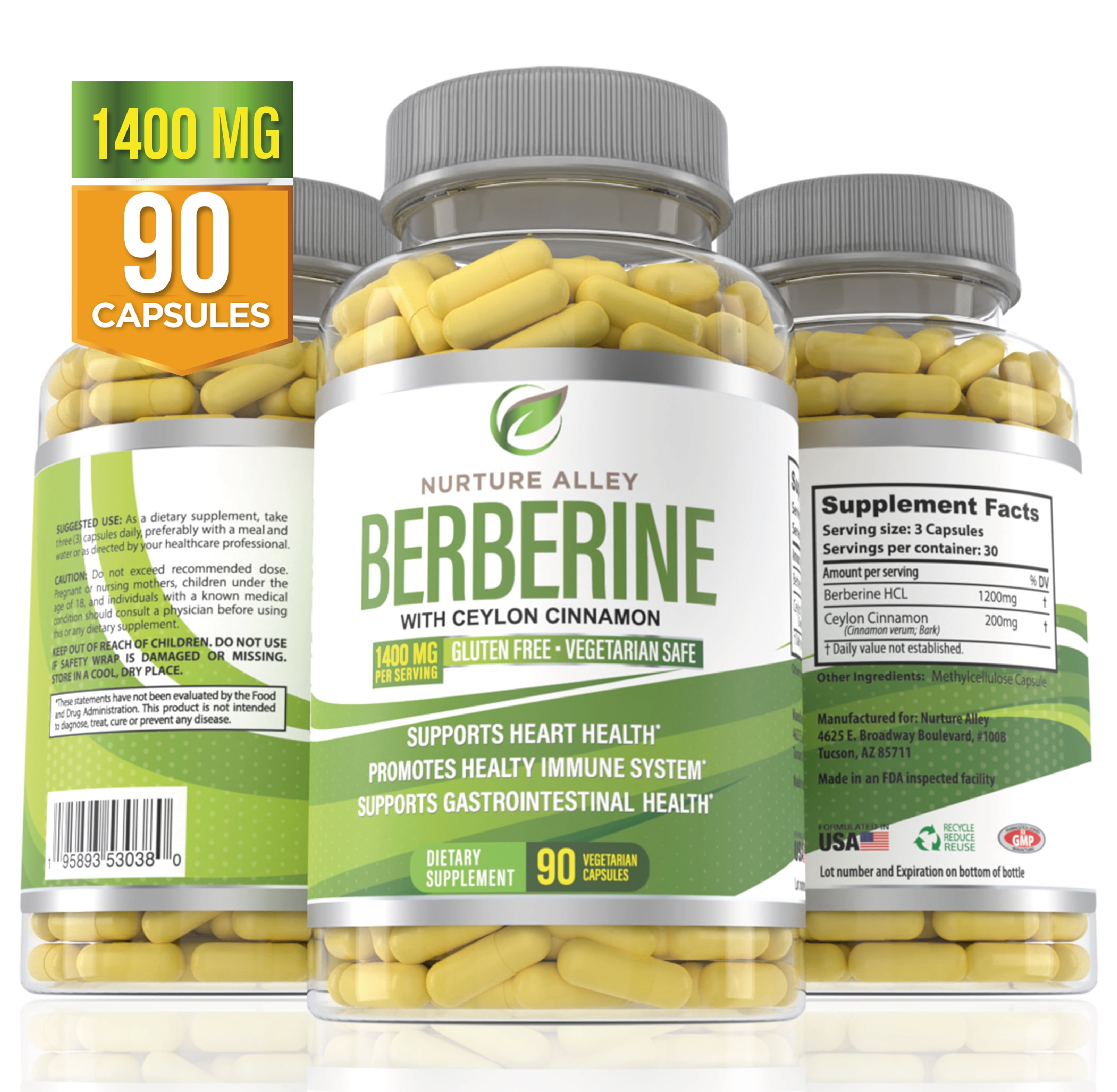 Nurture Alley Berberine Hcl 1400mg - Berberine Hcl 1200mg Plus Organic Ceylon Cinnamon 200mg - 90 Capsules - Supports Glucose Metabolism, Weight Management