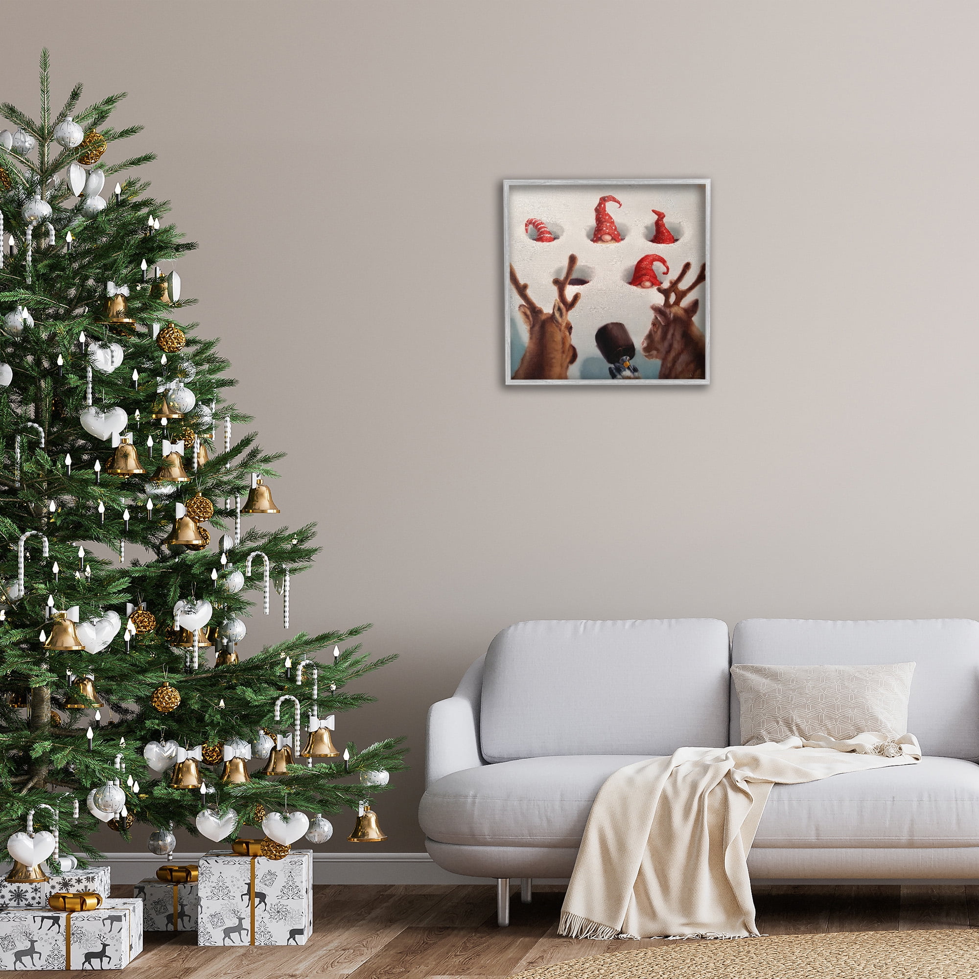 Stupell Industries Holiday Whack an Elf Humor Animals & Insects Painting Gray Framed Art Print Wall Art, 24 x 24