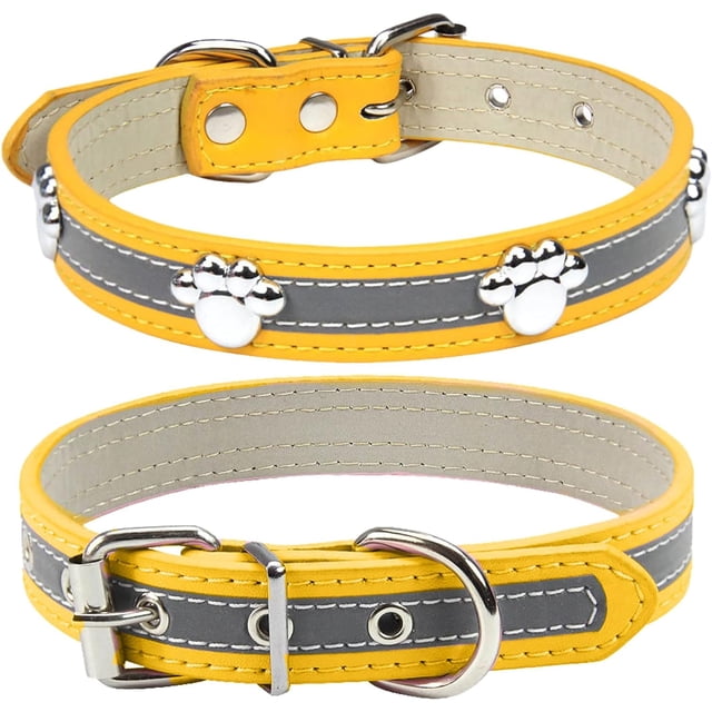 YSTINNG Reflective Dog Collar with Cute Paw Rivet Studded Funny Soft PU Leather Adjustable Puppy Dog Collars for Small Medium Large Dogs Cats (Yellow,Large) YD72-334