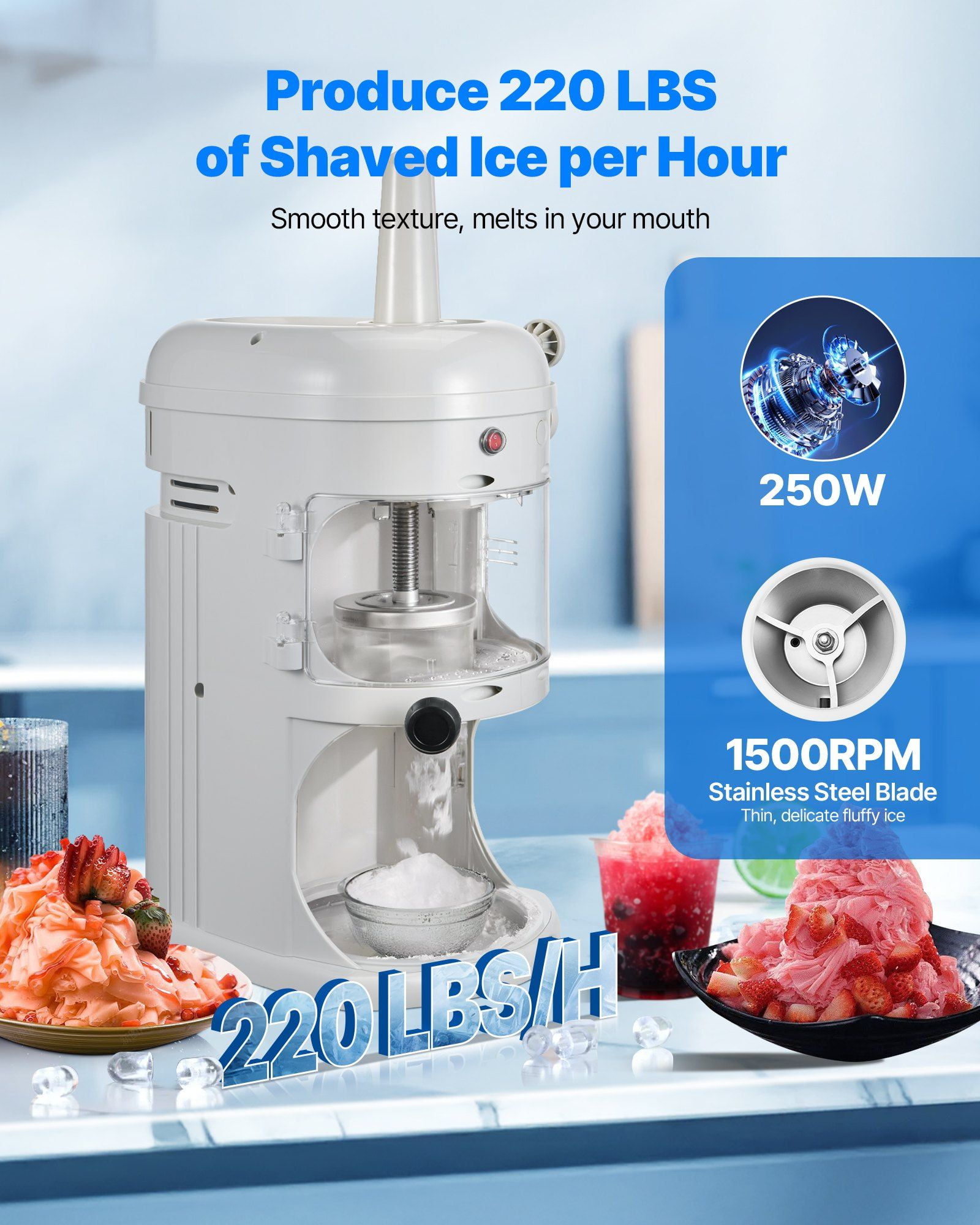 Commercial Electric Ice Shaver Crusher 250W 1500RPM 220lbs per Hour Fluffy Snow Cone Machine for Home Party Event Snack Bar Commercial Use White