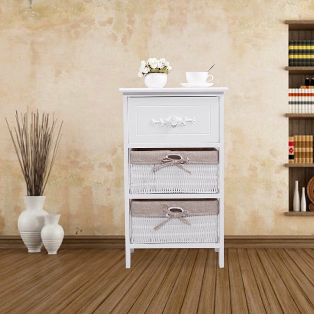 Lowestbest Night Stand Bedside Tables With 2 Storage Wicker Basket Side Table For Bedroom Living Room White Walmart Com Walmart Com