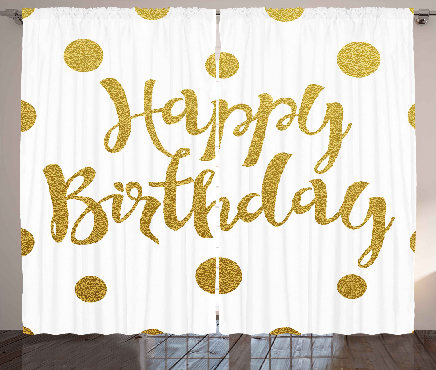 Birthday Curtains 2 Panels Set, Hand Writing Calligraphy Celebration Card Inspired Design Polka